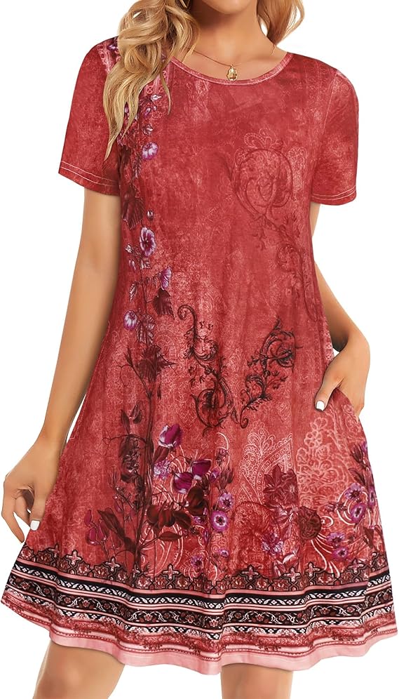 Womens Summer Dresses Beach Casual Loose Tshirt Floral Short Sleeve Flowy Pocket